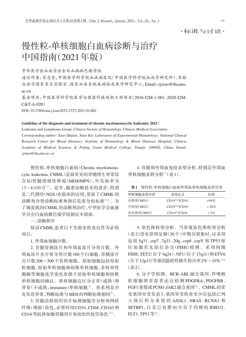 【血液领域】慢性粒-单核细胞白血病诊断与治疗中国指南（2021年版）