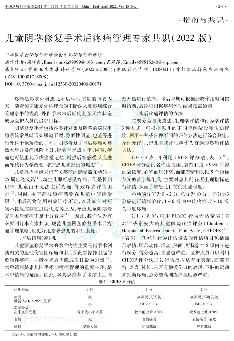 儿童阴茎修复手术后疼痛管理专家共识(2022版)