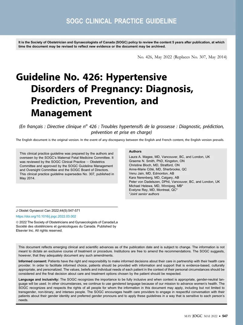 SOGC：妊娠高血压疾病的诊断、预防和管理指南（2022）