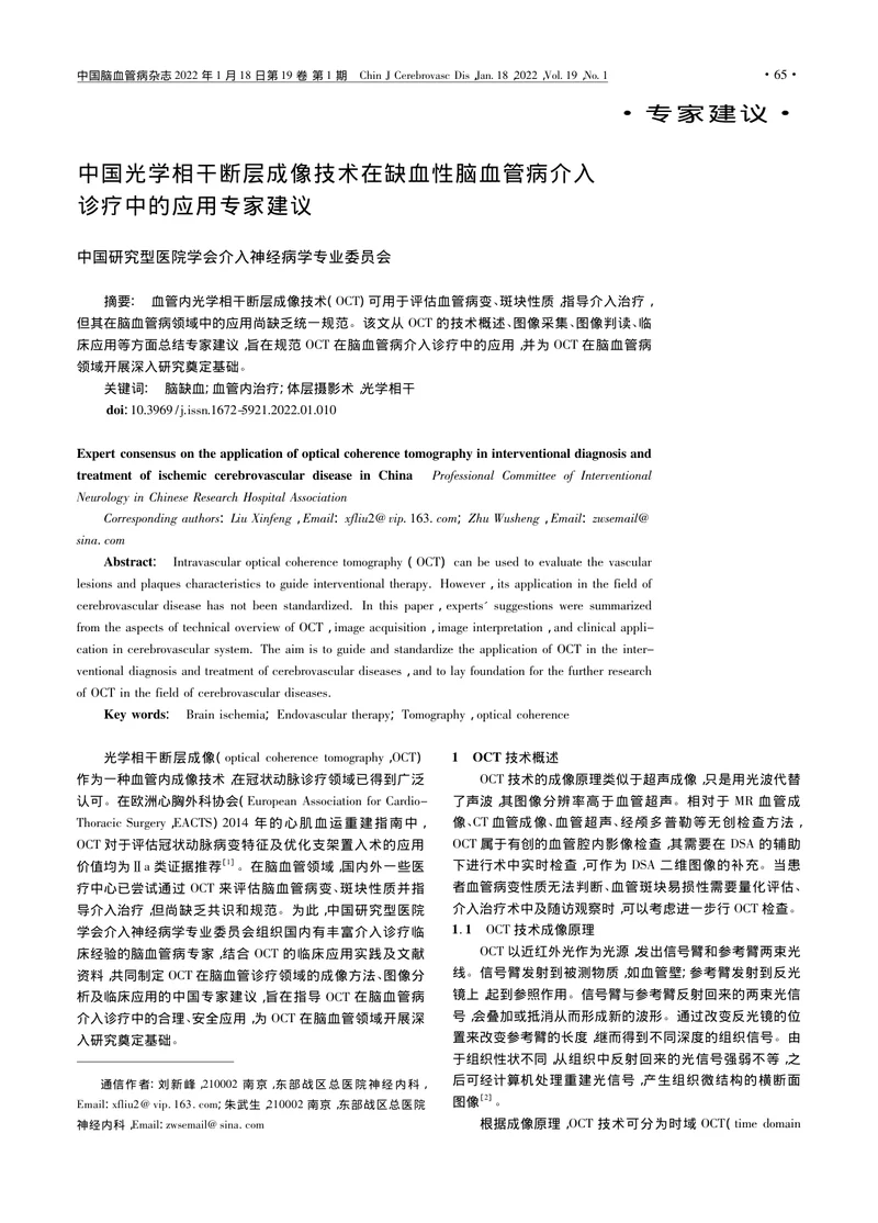 中国光学相干断层成像技术在缺血性脑血管病介入诊疗中的应用专家建议（2022）