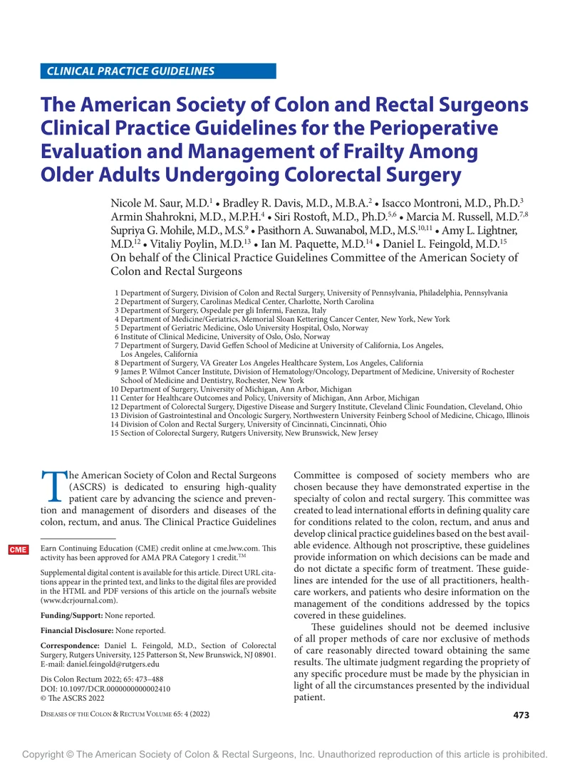 ASCRS：结直肠手术围术期的老年患者虚弱状态的评估和管理的临床实践指南（2022）(1)