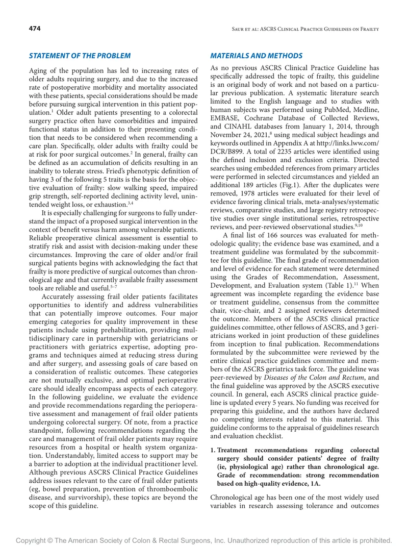 ASCRS：结直肠手术围术期的老年患者虚弱状态的评估和管理的临床实践指南（2022）(1)