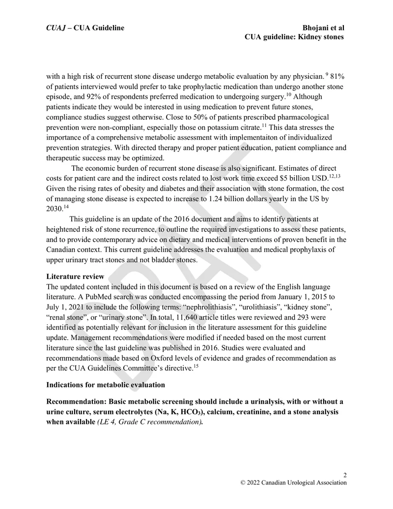 CUA：肾结石患者的评估和医学管理指南（2022）