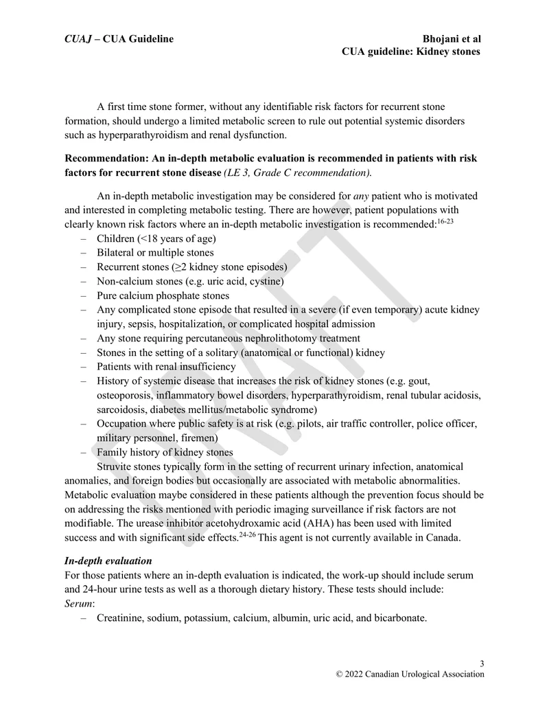 CUA：肾结石患者的评估和医学管理指南（2022）