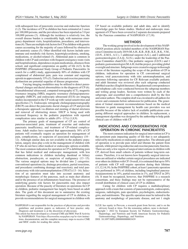 NASPGHAN：手术治疗儿童慢性胰腺炎的作用的立场文件（2022）