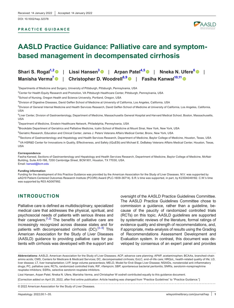 AASLD：失代偿期肝硬化的症状管理和姑息治疗的实践指南（2022）
