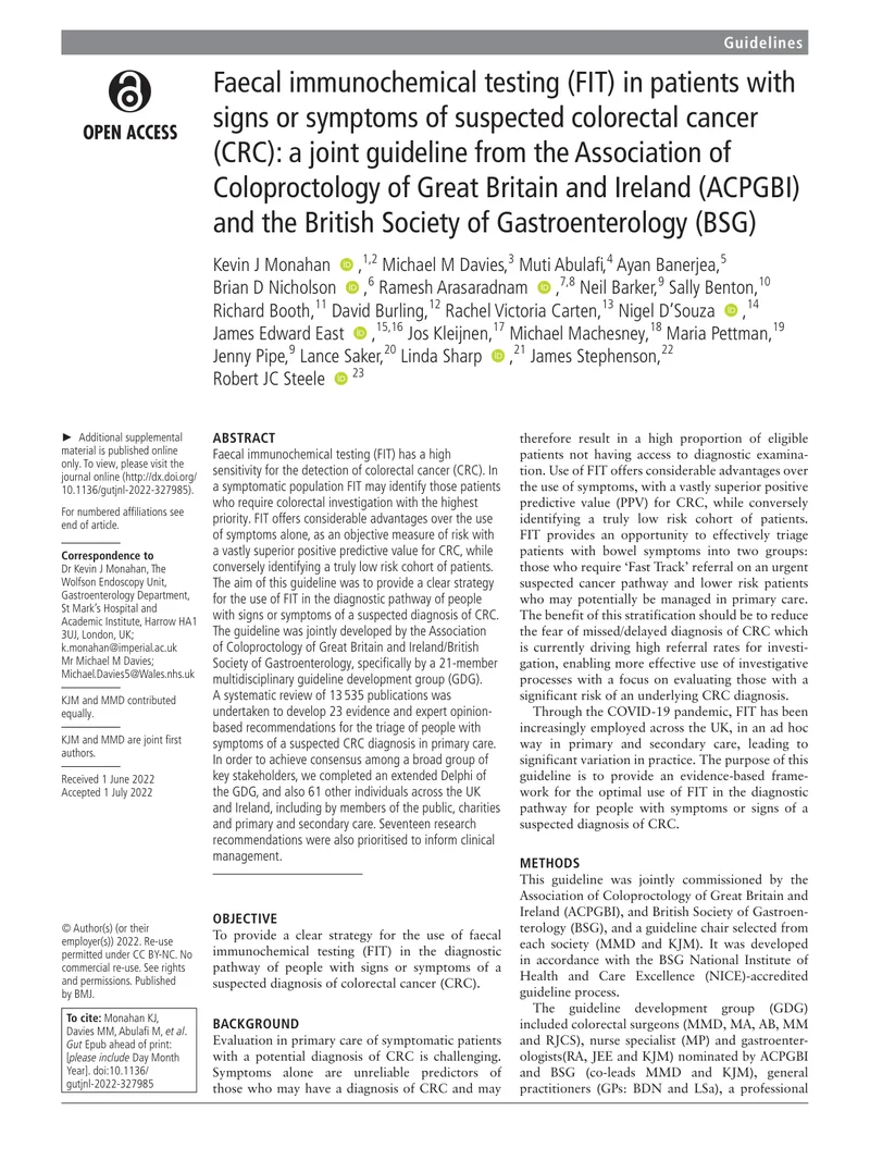ACPGBI_BSG：具有疑似结直肠癌症状和体征患者的粪便免疫化学检测指南（2022）
