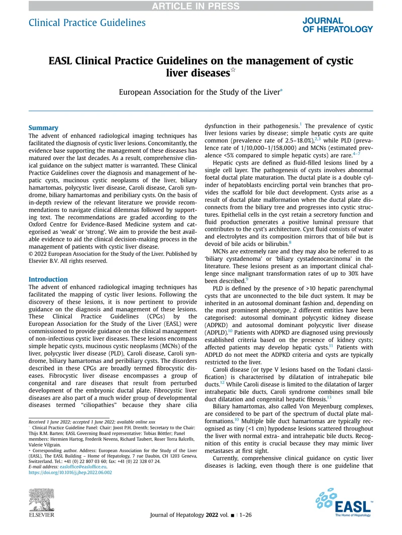 EASL：肝脏囊性病变管理的临床实践指南（2022）
