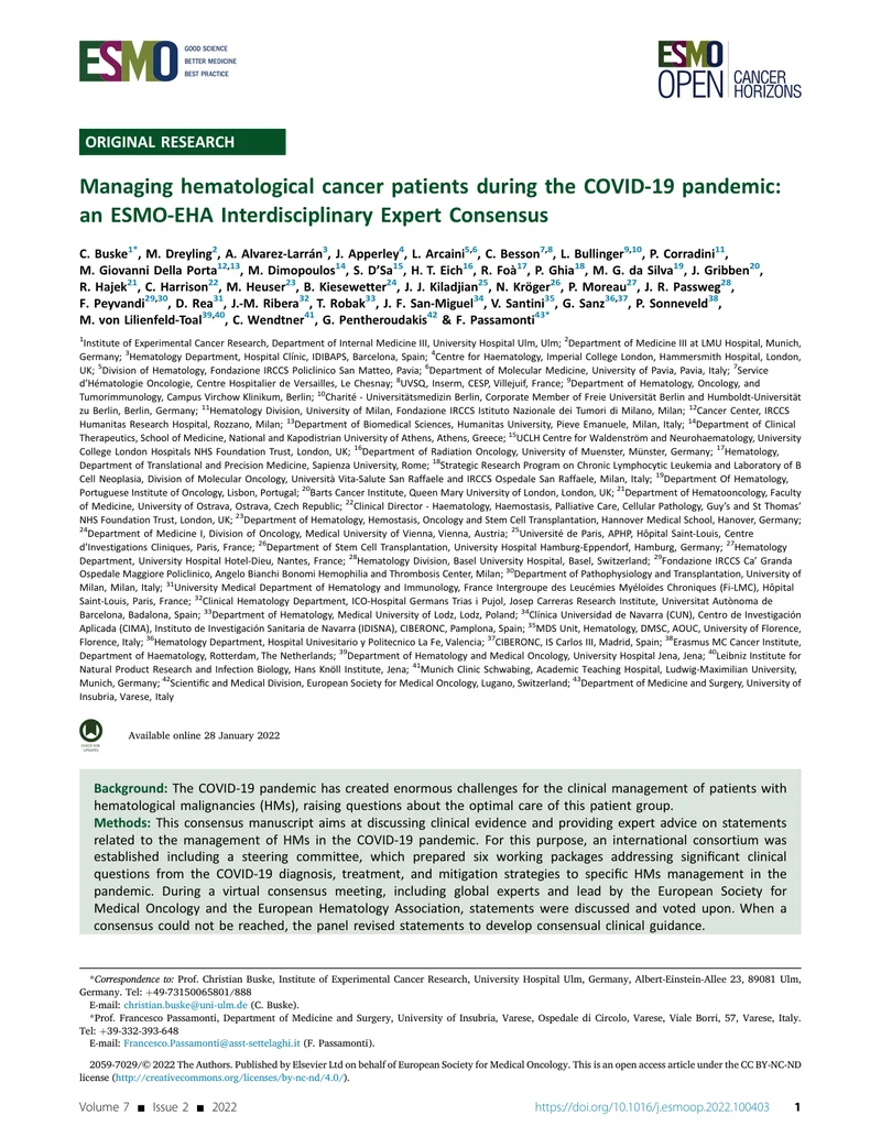 ESMO_EHA：COVID-19流行期间血液肿瘤患者管理的跨学科专家共识（2022）