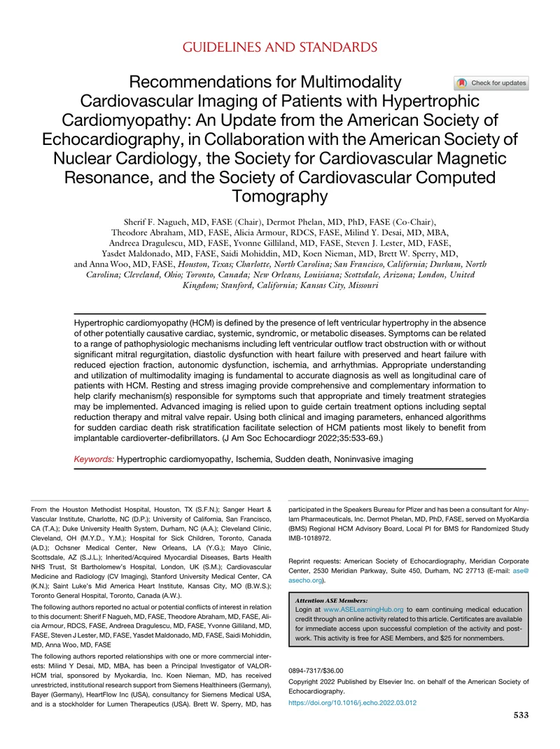 ASE_ASNC_SCMR_SCCT：肥厚型心肌病患者多模式心血管影像学检查的建议（2022）