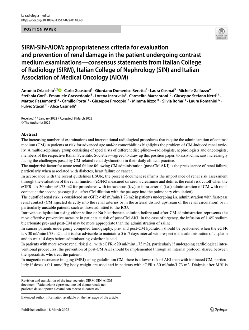 SIRM_SIN_AIOM：用于评估和预防接受造影剂检查患者肾损害的适宜性标准的共识声明（2022）