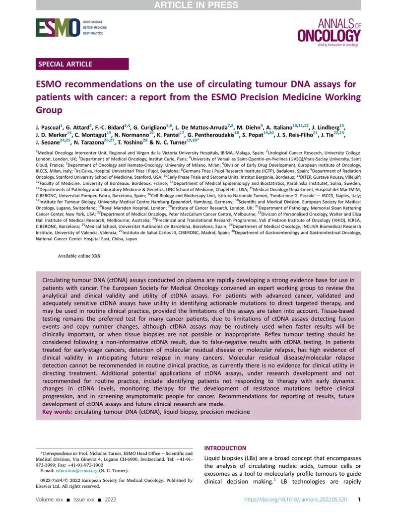 ESMO：循环肿瘤DNA检测在癌症患者中的应用建议（2022）