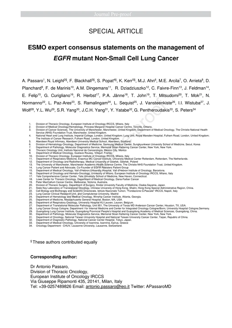 ESMO：非小细胞肺癌EGFR突变管理的专家共识（2022）