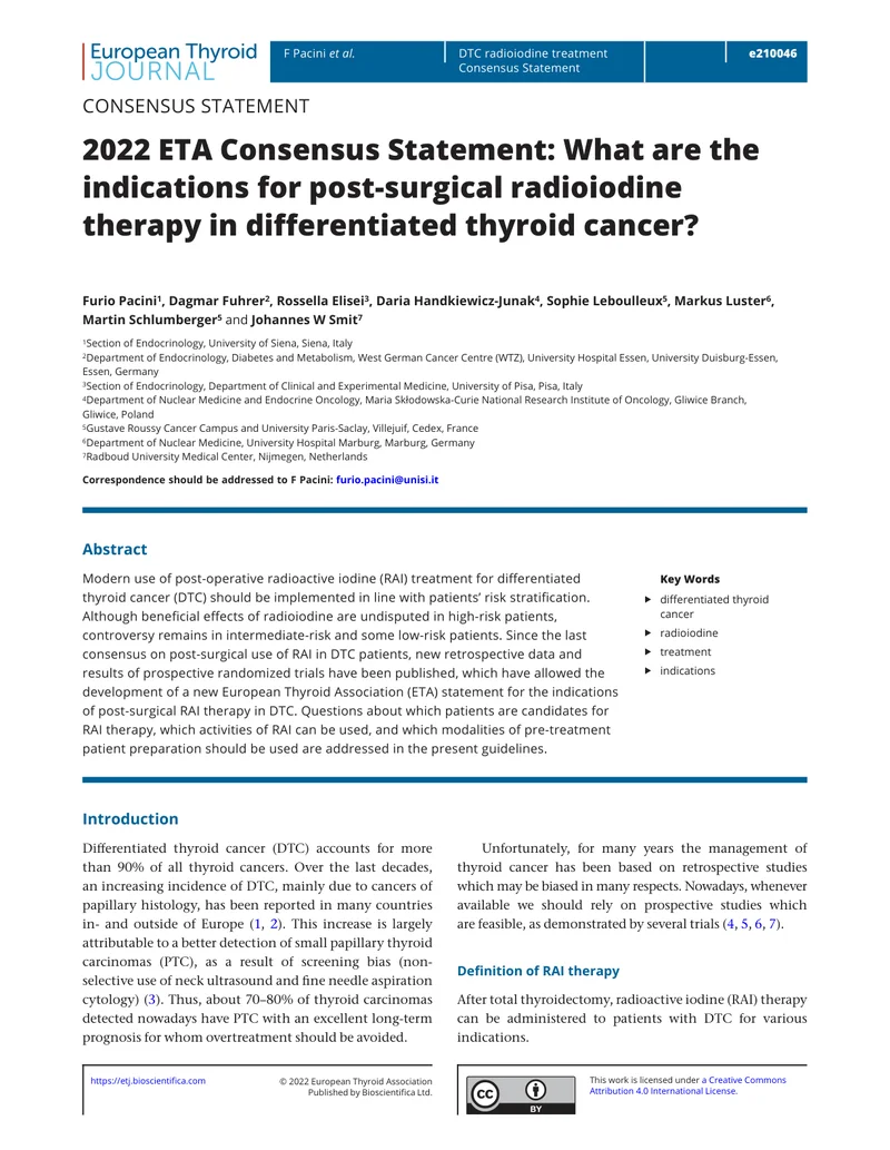 ETA：分化型甲状腺癌手术后放射性碘治疗的适应证的共识声明（2022）