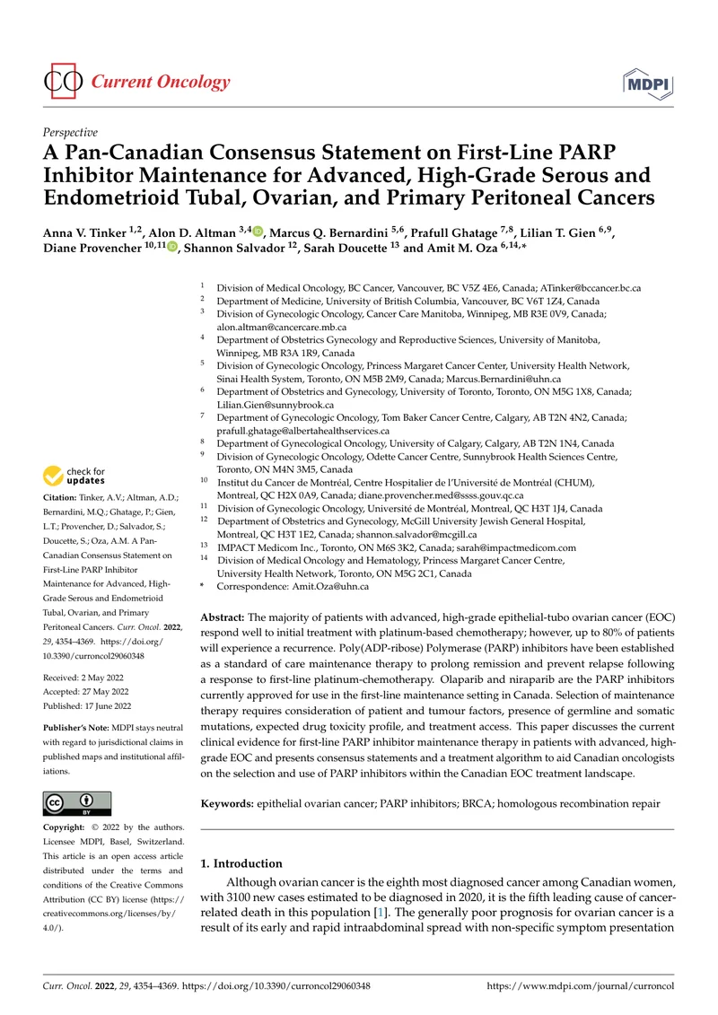 加拿大晚期、高级别浆液性和子宫内膜样输卵管癌、卵巢癌和原发性腹膜癌的一线PARP抑制剂维持治疗的共识声明（2022）