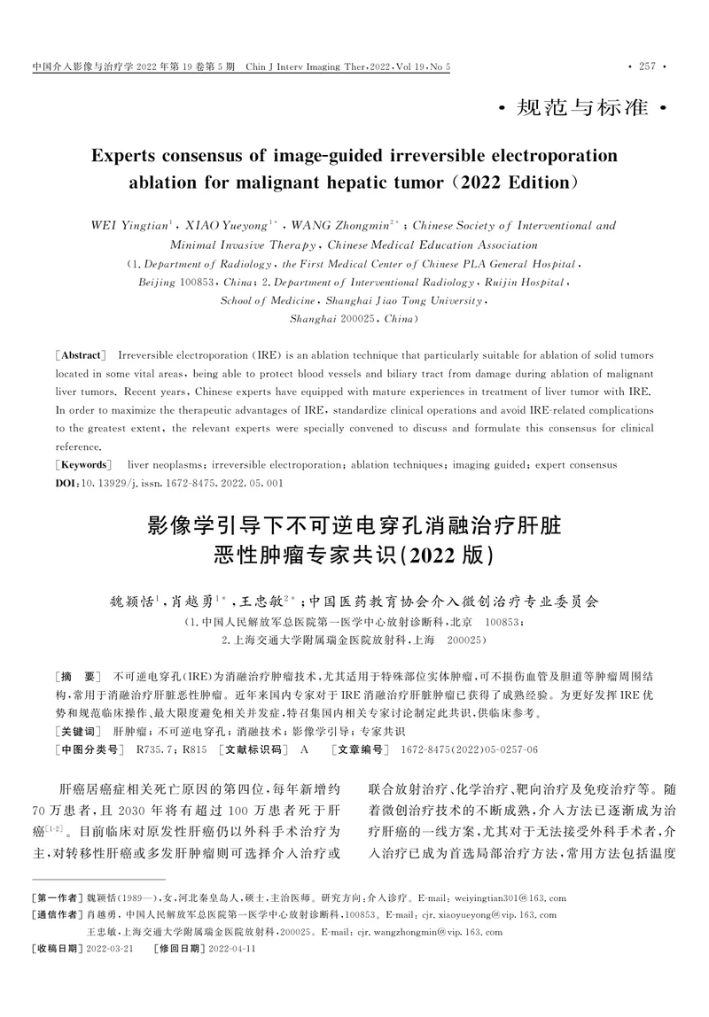 影像学引导下不可逆电穿孔消融治疗肝脏恶性肿瘤专家共识（2022版）