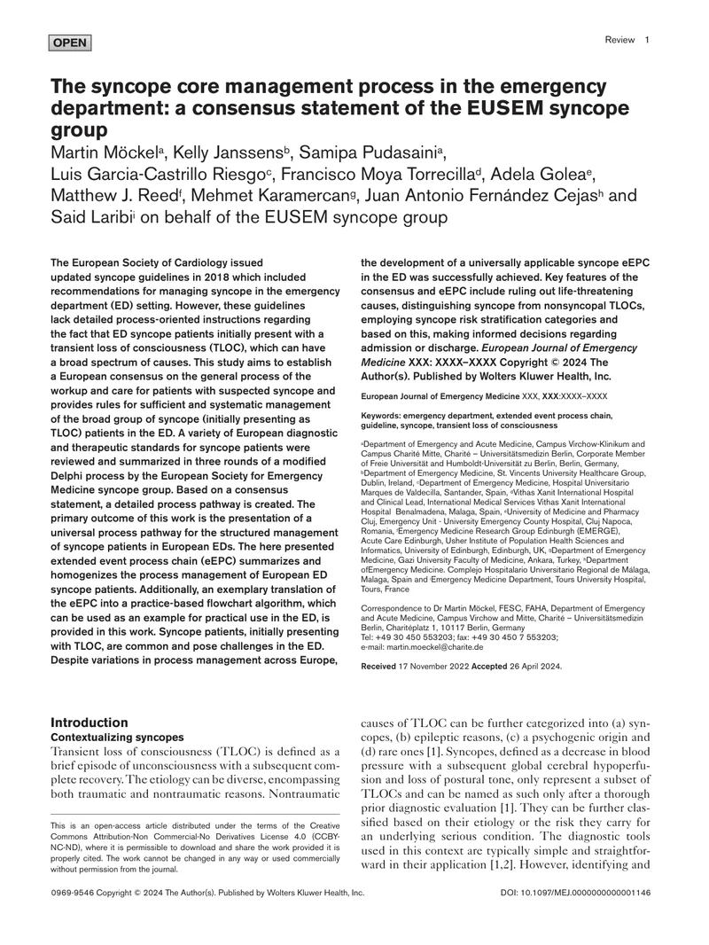 2024+EUSEM共识声明：急诊科晕厥核心管理流程
