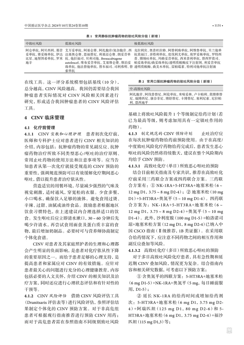四川省防控抗肿瘤药物治疗相关恶心呕吐专家共识2024版