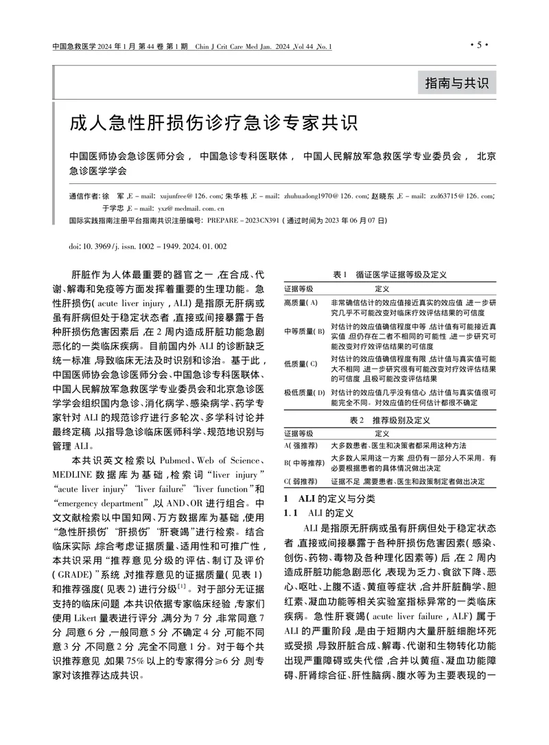 成人急性肝损伤诊疗急诊专家共识
