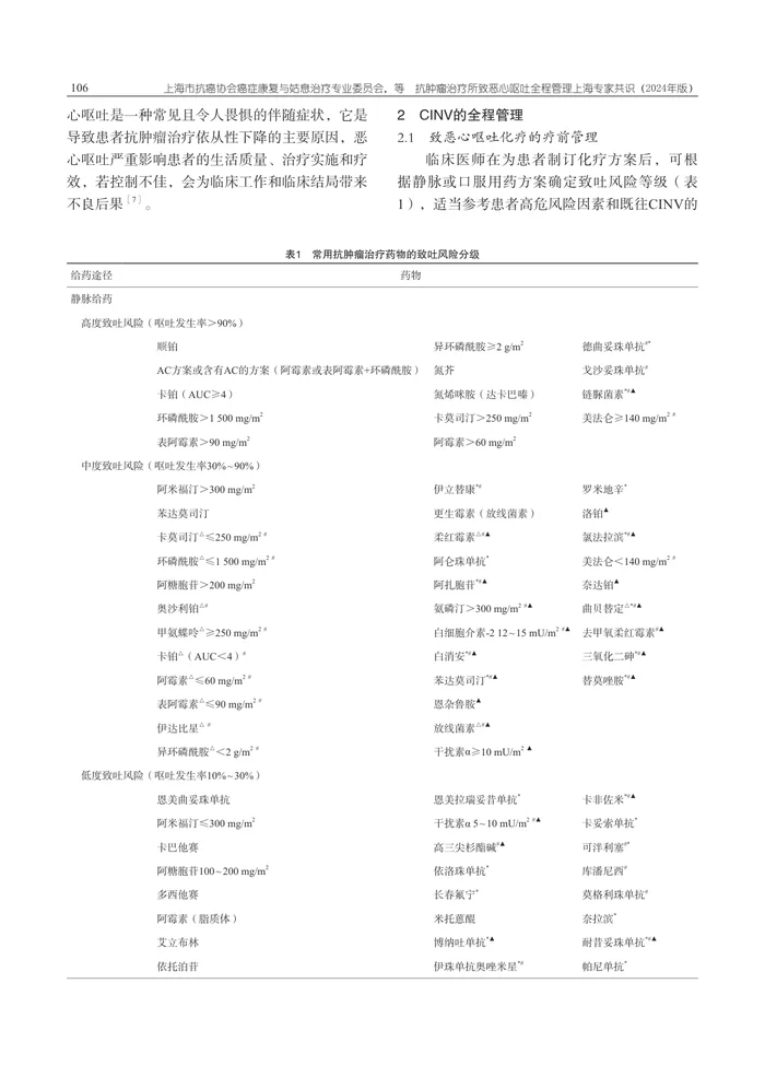 抗肿瘤治疗所致恶心呕吐全程管理上海专家共识（2024年版）