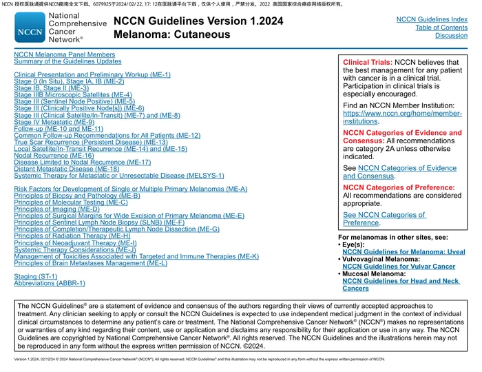 （2024.V1）NCCN临床实践指南：皮肤黑色素瘤