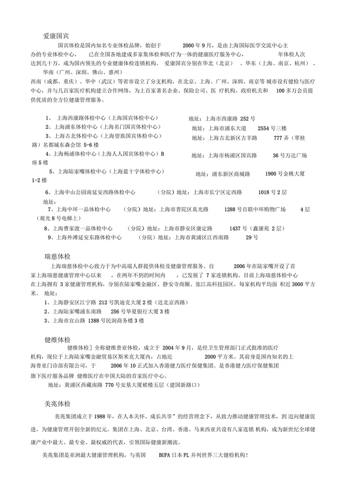 上海体检中心大全资料