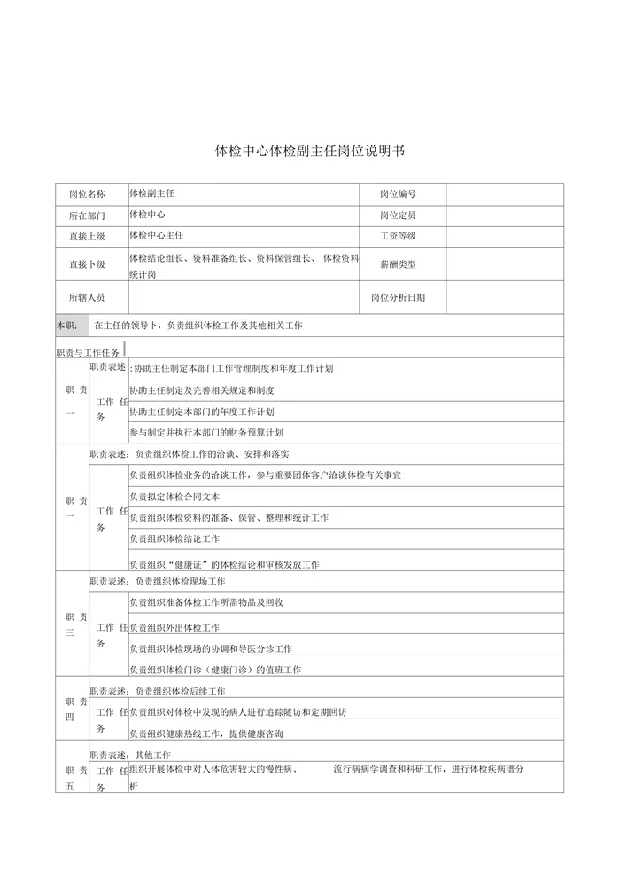 体检中心体检副主任岗位说明书